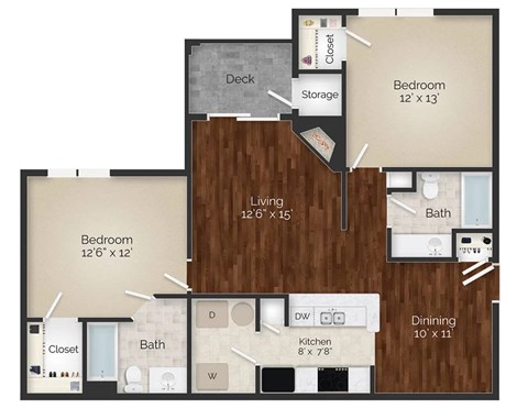 Floor plan for 2 beds, 2 baths, 1043 sqft